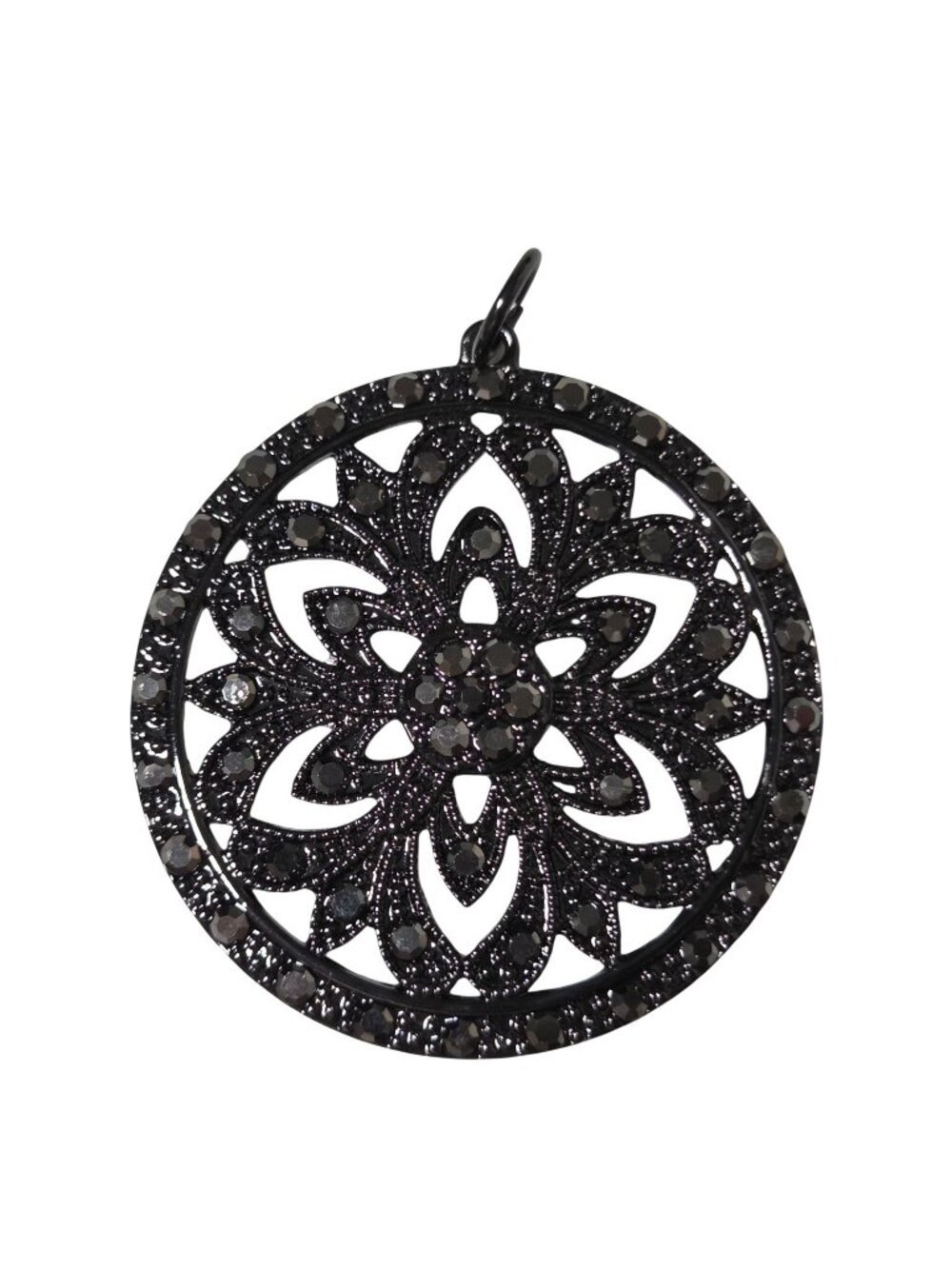 Vintage Black Rhinestone Circular Pendant Intricate Floral Design DIY Jewelry